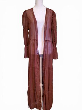 Sheer Chocolate Brown Open Front Duster Maxi Length Carigan Cover Up
